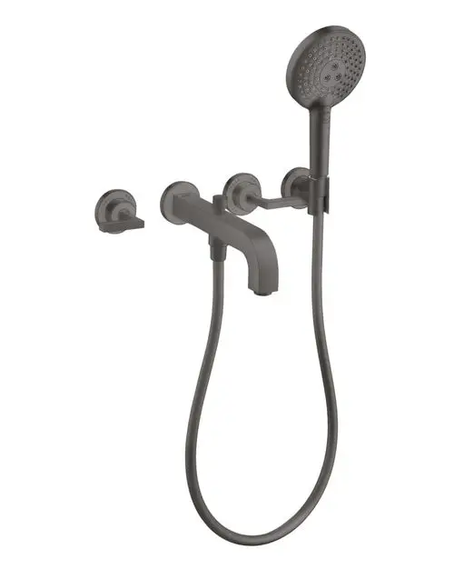 Wannenarmatur von AXOR mit drei Anschlüssen, ausgestattet mit Hebelgriffen und Handbrause. Montiert für Wandinstallation, in brushed black chrome.
